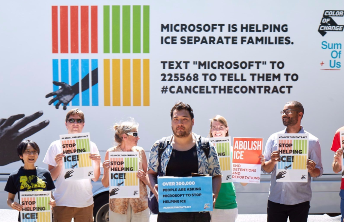 Workers and activists turned out at Microsoft offices around the country yesterday